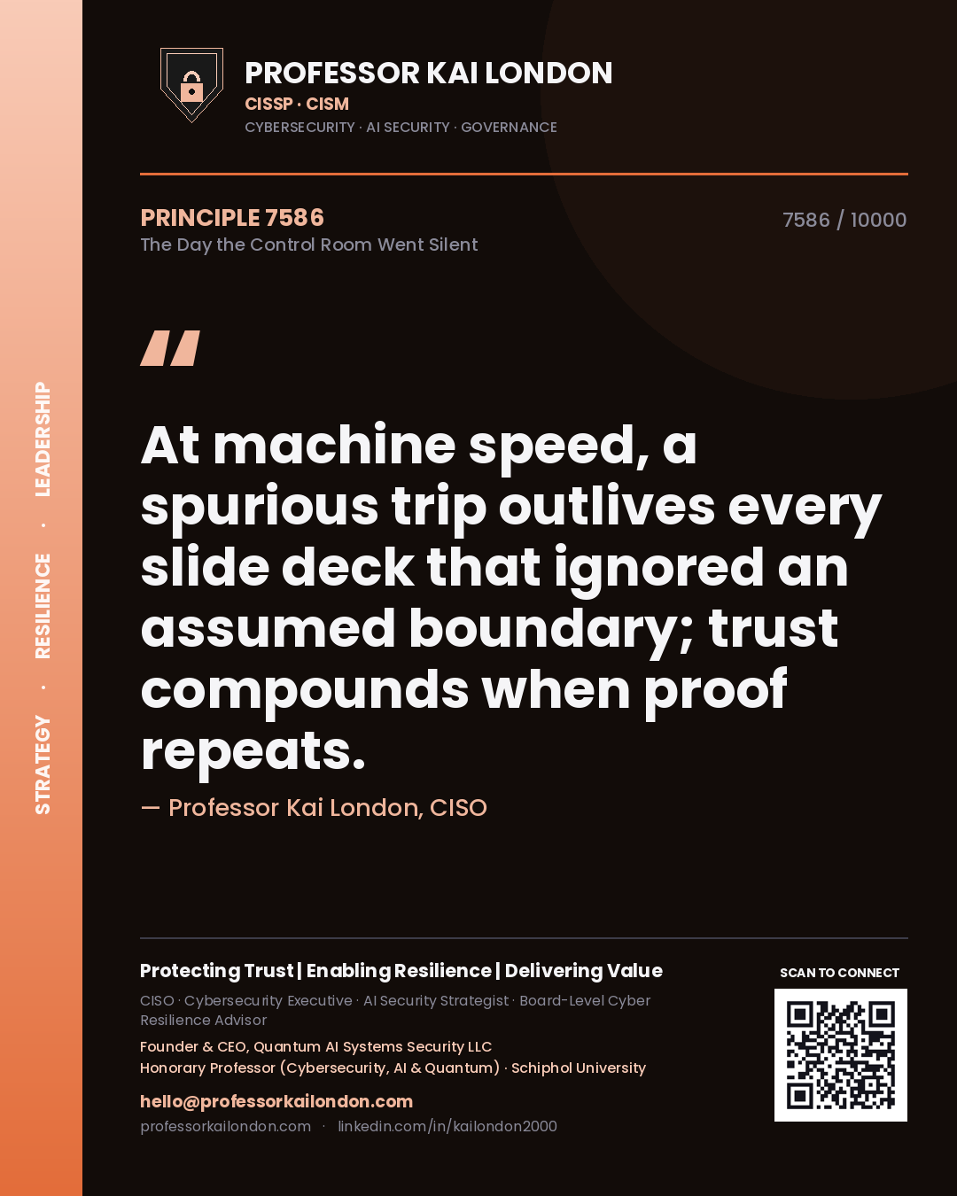 Professor Kai London principle 7586: At machine speed, a spurious trip outlives every slide deck that ignored an assumed boundary; trust compounds when proof repeats.