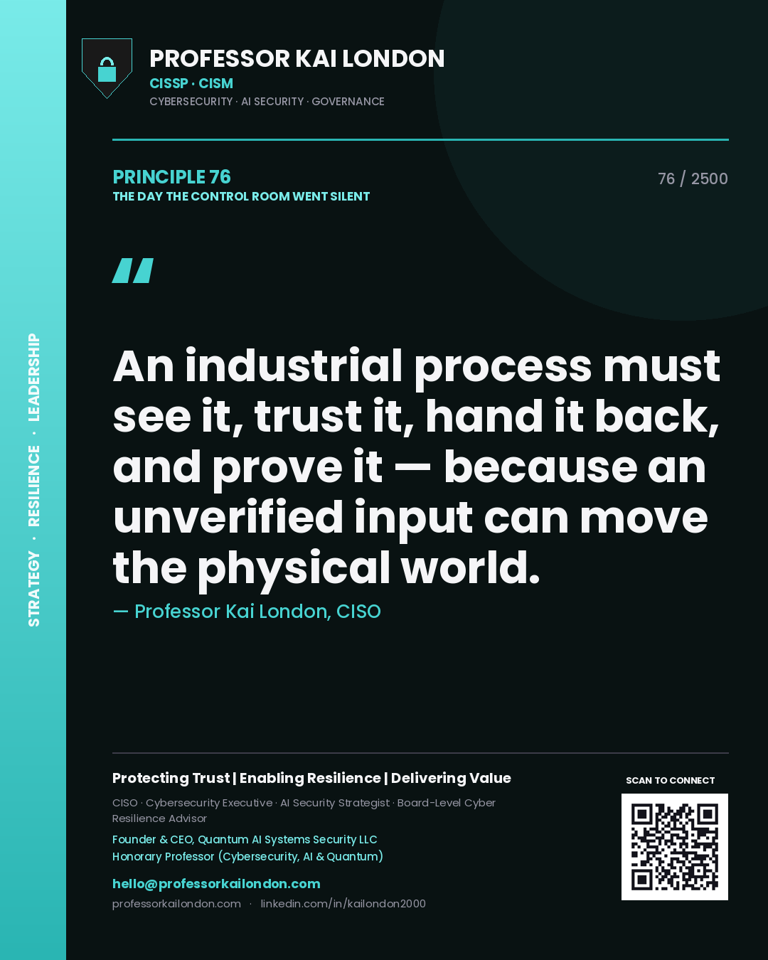 Professor Kai London principle 76: An industrial process must see it, trust it, hand it back, and prove it — because an unverified input can move the physical world.