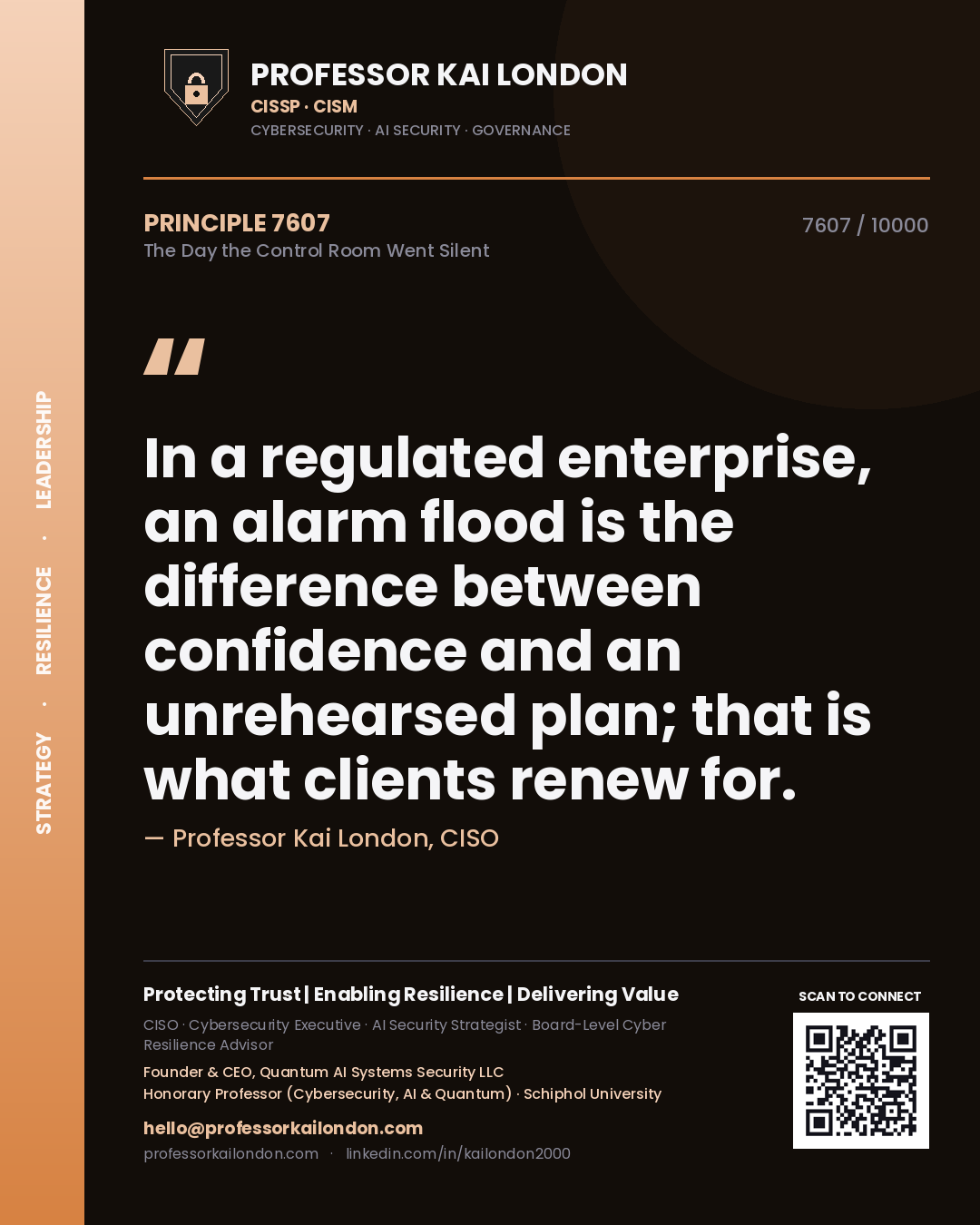 Professor Kai London principle 7607: In a regulated enterprise, an alarm flood is the difference between confidence and an unrehearsed plan; that is what clients renew for.