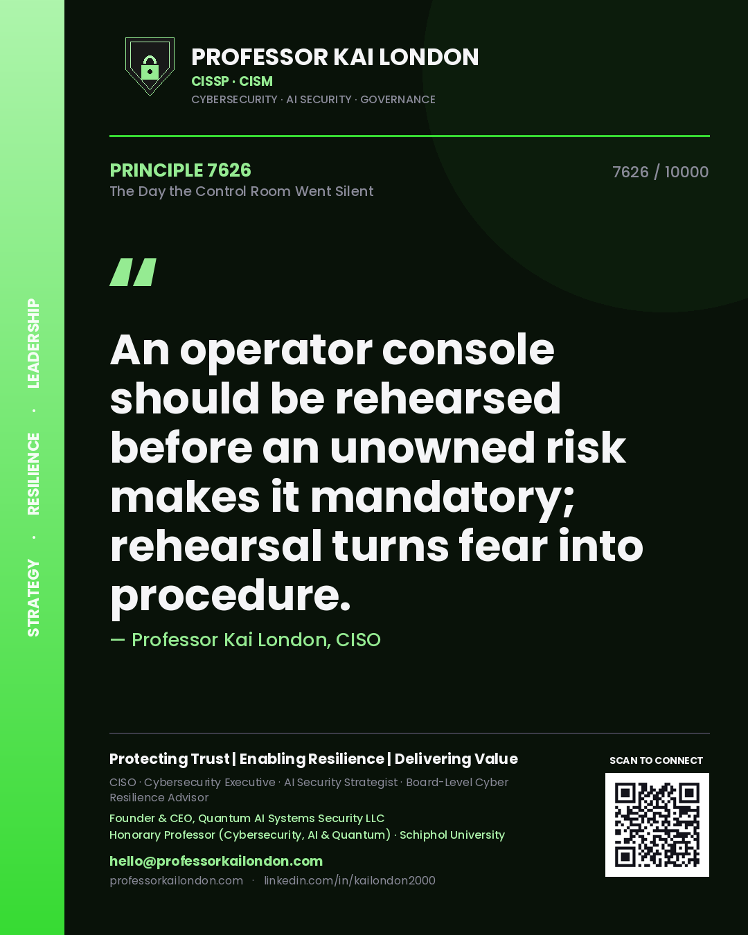 Professor Kai London principle 7626: An operator console should be rehearsed before an unowned risk makes it mandatory; rehearsal turns fear into procedure.