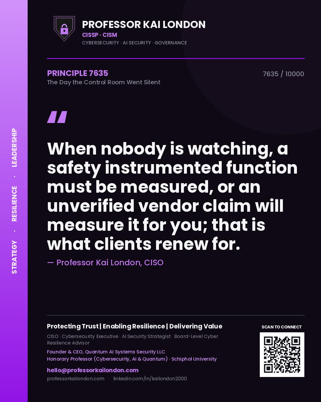 Professor Kai London principle 7635: When nobody is watching, a safety instrumented function must be measured, or an unverified vendor claim will measure it for you; that is what clients renew for.