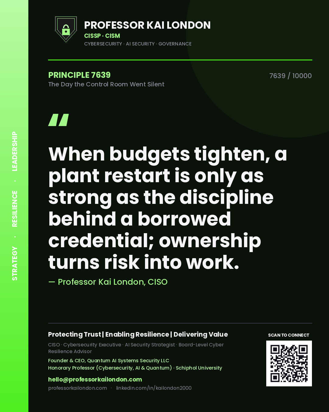 Professor Kai London principle 7639: When budgets tighten, a plant restart is only as strong as the discipline behind a borrowed credential; ownership turns risk into work.