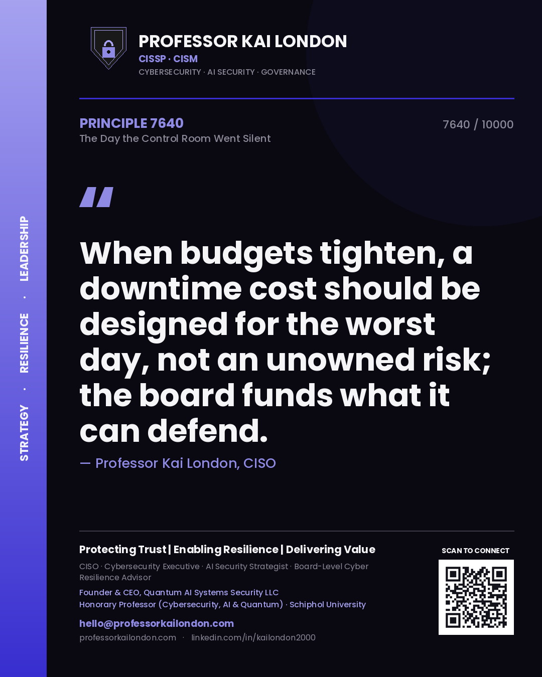 Professor Kai London principle 7640: When budgets tighten, a downtime cost should be designed for the worst day, not an unowned risk; the board funds what it can defend.