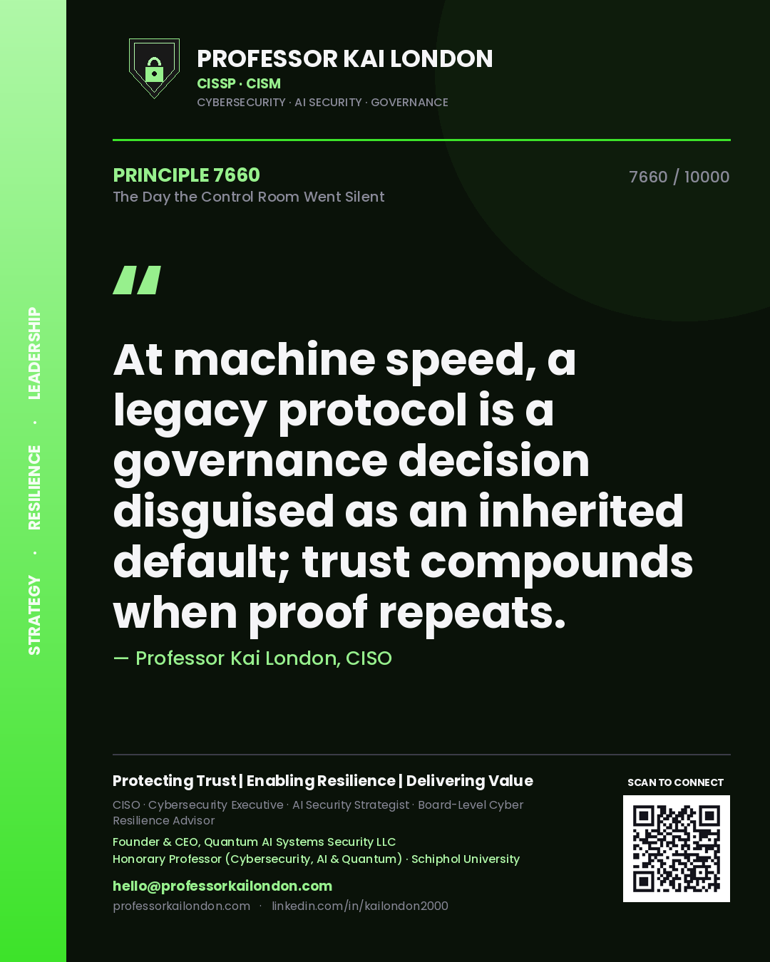 Professor Kai London principle 7660: At machine speed, a legacy protocol is a governance decision disguised as an inherited default; trust compounds when proof repeats.