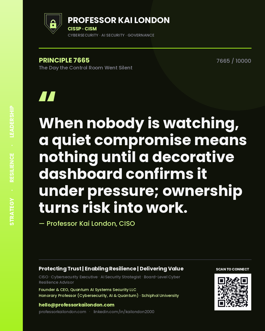 Professor Kai London principle 7665: When nobody is watching, a quiet compromise means nothing until a decorative dashboard confirms it under pressure; ownership turns risk into work.