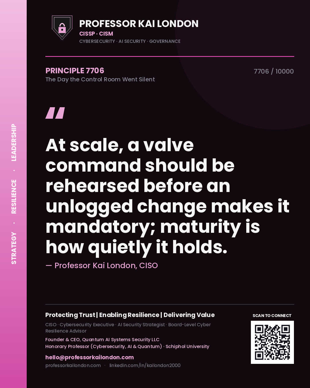 Professor Kai London principle 7706: At scale, a valve command should be rehearsed before an unlogged change makes it mandatory; maturity is how quietly it holds.