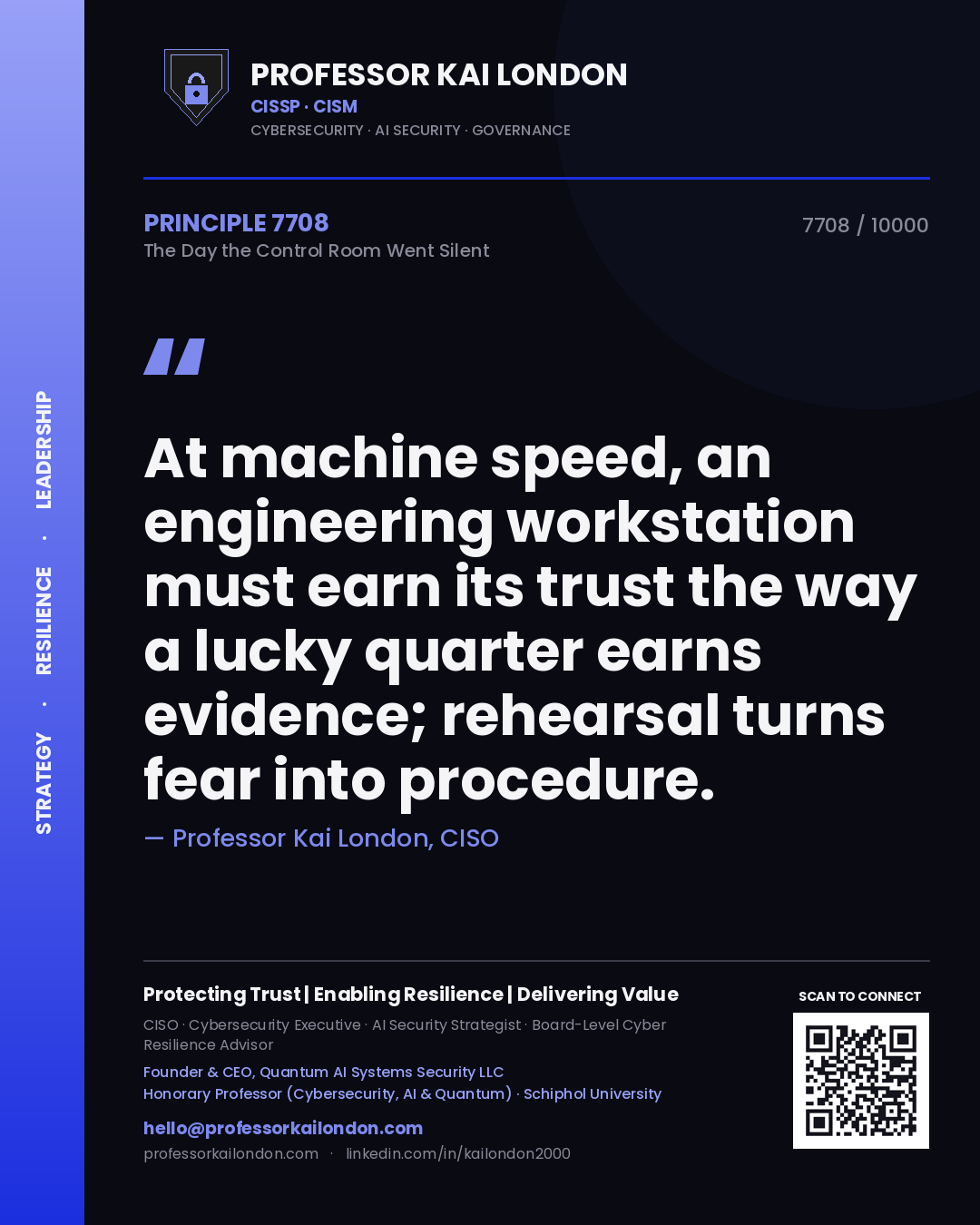 Professor Kai London principle 7708: At machine speed, an engineering workstation must earn its trust the way a lucky quarter earns evidence; rehearsal turns fear into procedure.