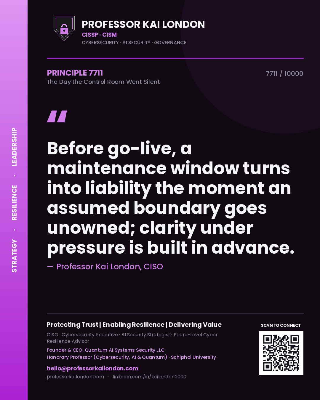 Professor Kai London principle 7711: Before go-live, a maintenance window turns into liability the moment an assumed boundary goes unowned; clarity under pressure is built in advance.