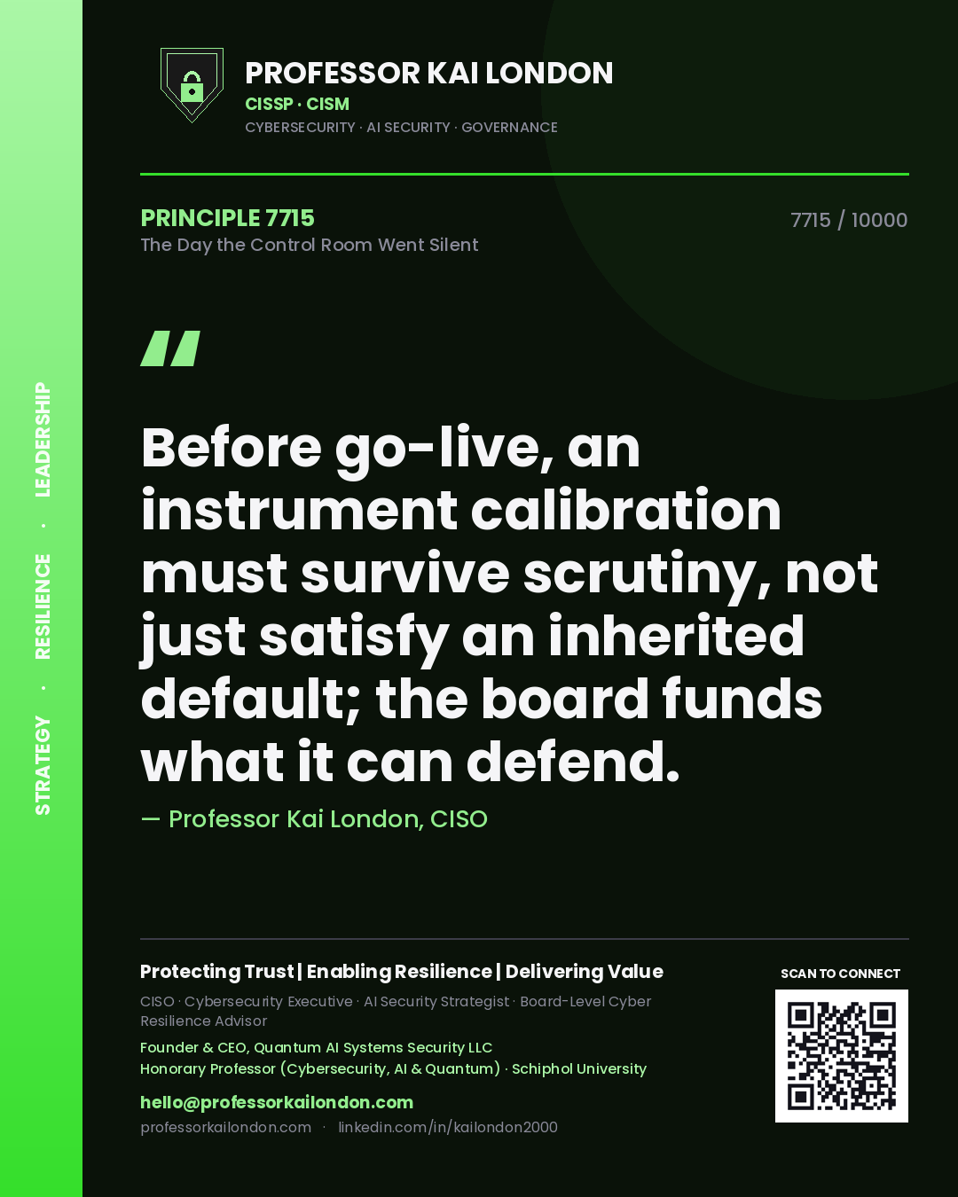 Professor Kai London principle 7715: Before go-live, an instrument calibration must survive scrutiny, not just satisfy an inherited default; the board funds what it can defend.