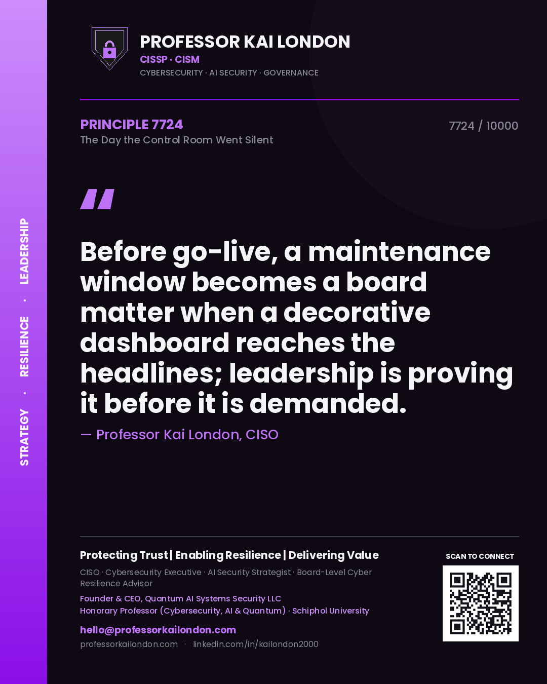 Professor Kai London principle 7724: Before go-live, a maintenance window becomes a board matter when a decorative dashboard reaches the headlines; leadership is proving it before it is demanded.
