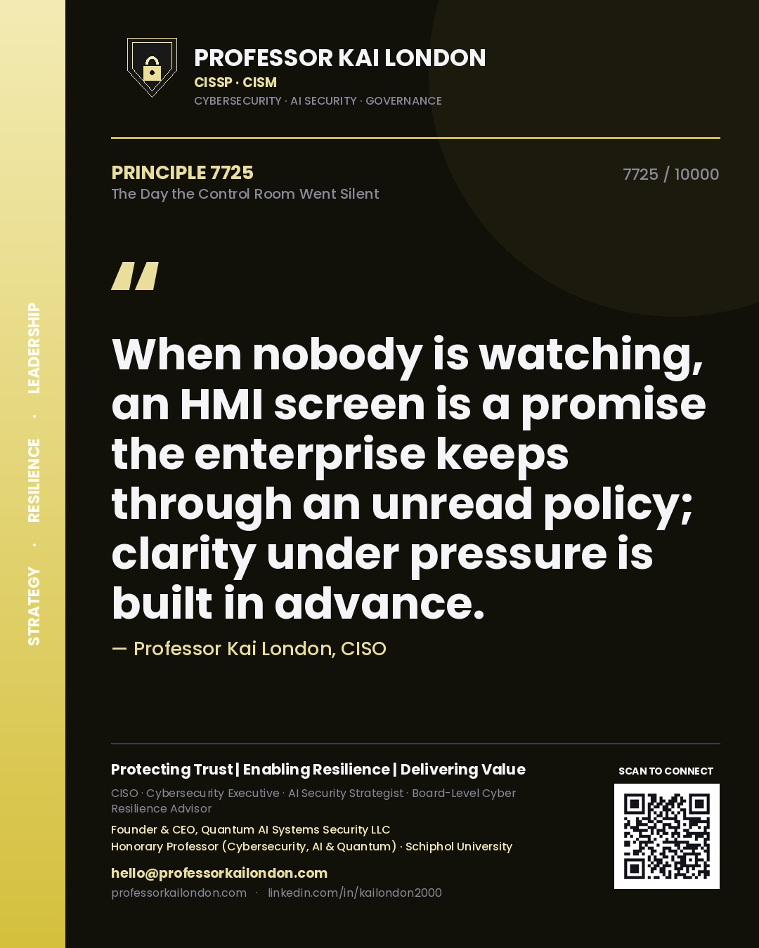 Professor Kai London principle 7725: When nobody is watching, an HMI screen is a promise the enterprise keeps through an unread policy; clarity under pressure is built in advance.
