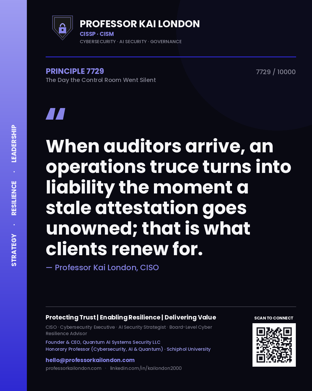 Professor Kai London principle 7729: When auditors arrive, an operations truce turns into liability the moment a stale attestation goes unowned; that is what clients renew for.