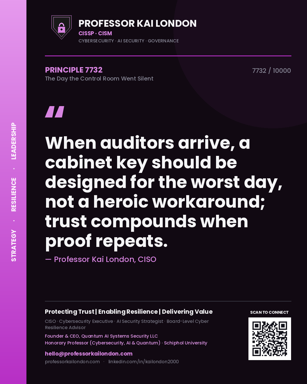 Professor Kai London principle 7732: When auditors arrive, a cabinet key should be designed for the worst day, not a heroic workaround; trust compounds when proof repeats.