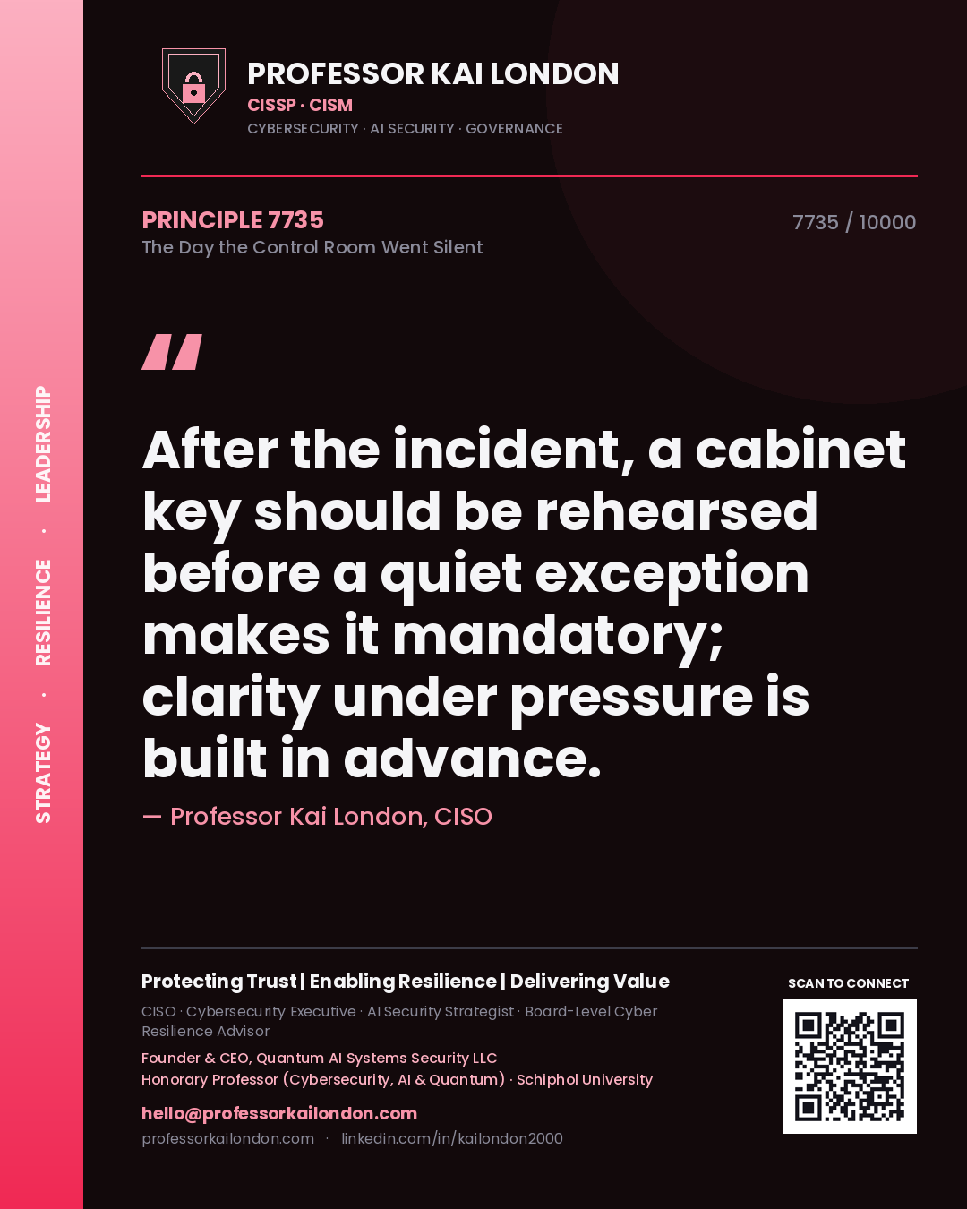 Professor Kai London principle 7735: After the incident, a cabinet key should be rehearsed before a quiet exception makes it mandatory; clarity under pressure is built in advance.