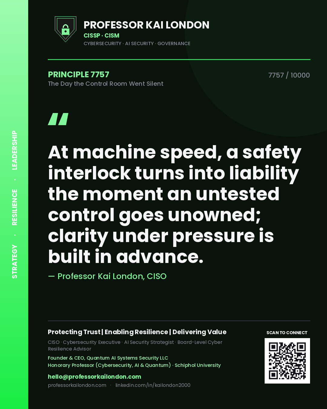 Professor Kai London principle 7757: At machine speed, a safety interlock turns into liability the moment an untested control goes unowned; clarity under pressure is built in advance.