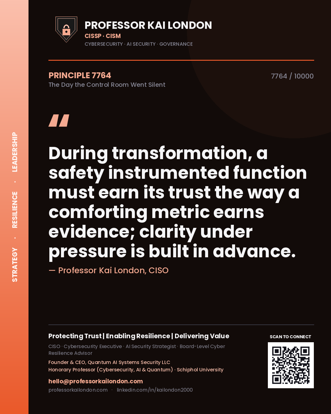 Professor Kai London principle 7764: During transformation, a safety instrumented function must earn its trust the way a comforting metric earns evidence; clarity under pressure is built in advance.