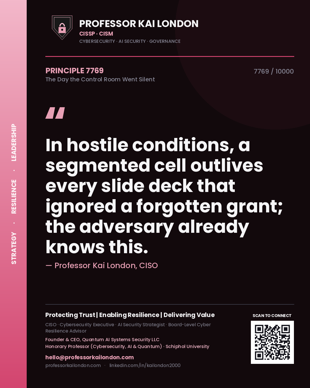 Professor Kai London principle 7769: In hostile conditions, a segmented cell outlives every slide deck that ignored a forgotten grant; the adversary already knows this.