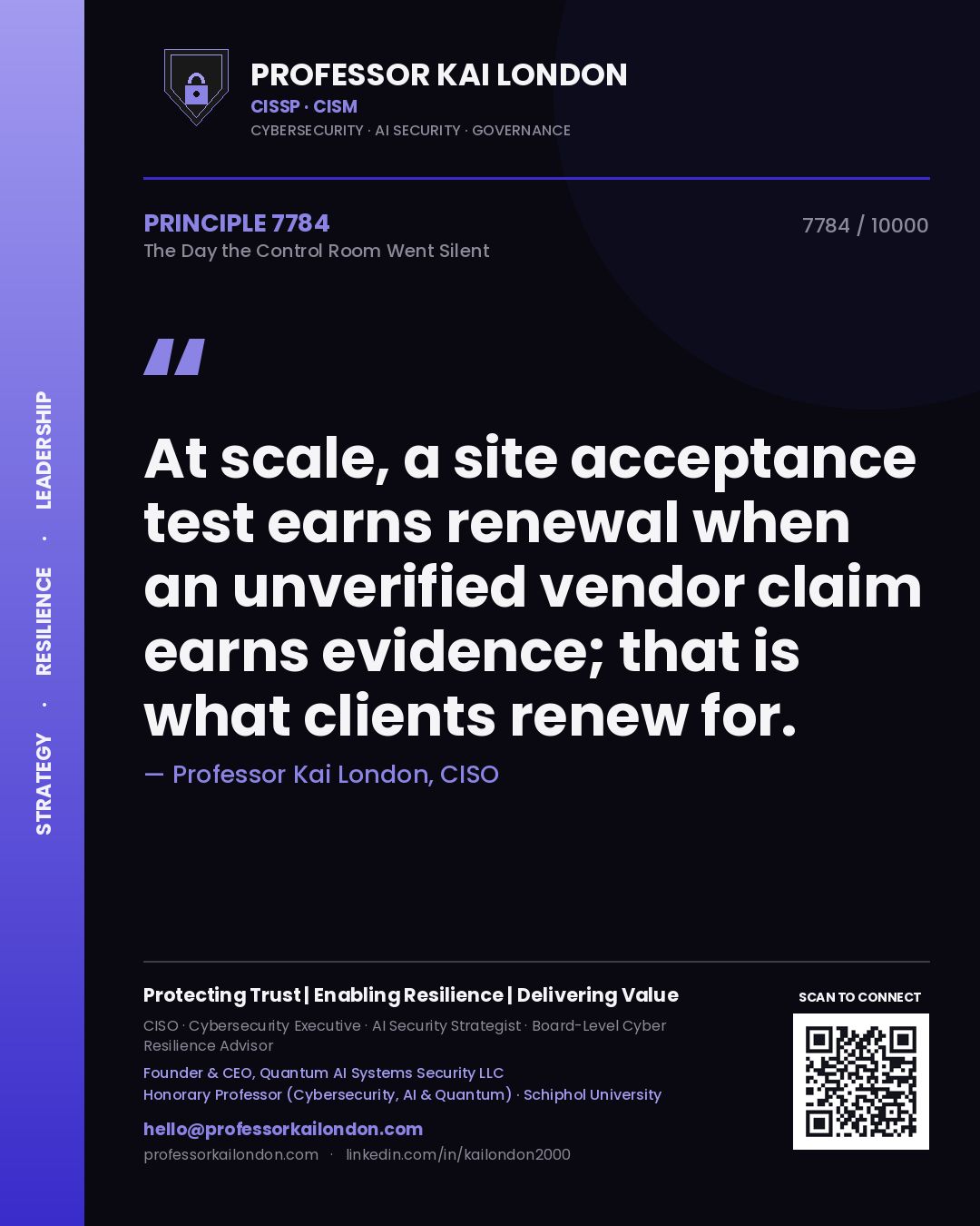 Professor Kai London principle 7784: At scale, a site acceptance test earns renewal when an unverified vendor claim earns evidence; that is what clients renew for.