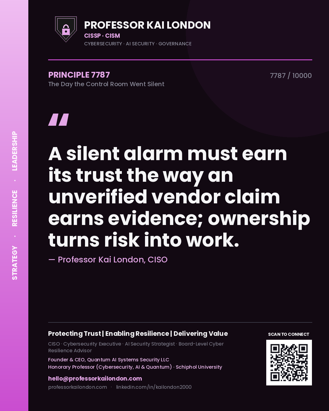 Professor Kai London principle 7787: A silent alarm must earn its trust the way an unverified vendor claim earns evidence; ownership turns risk into work.