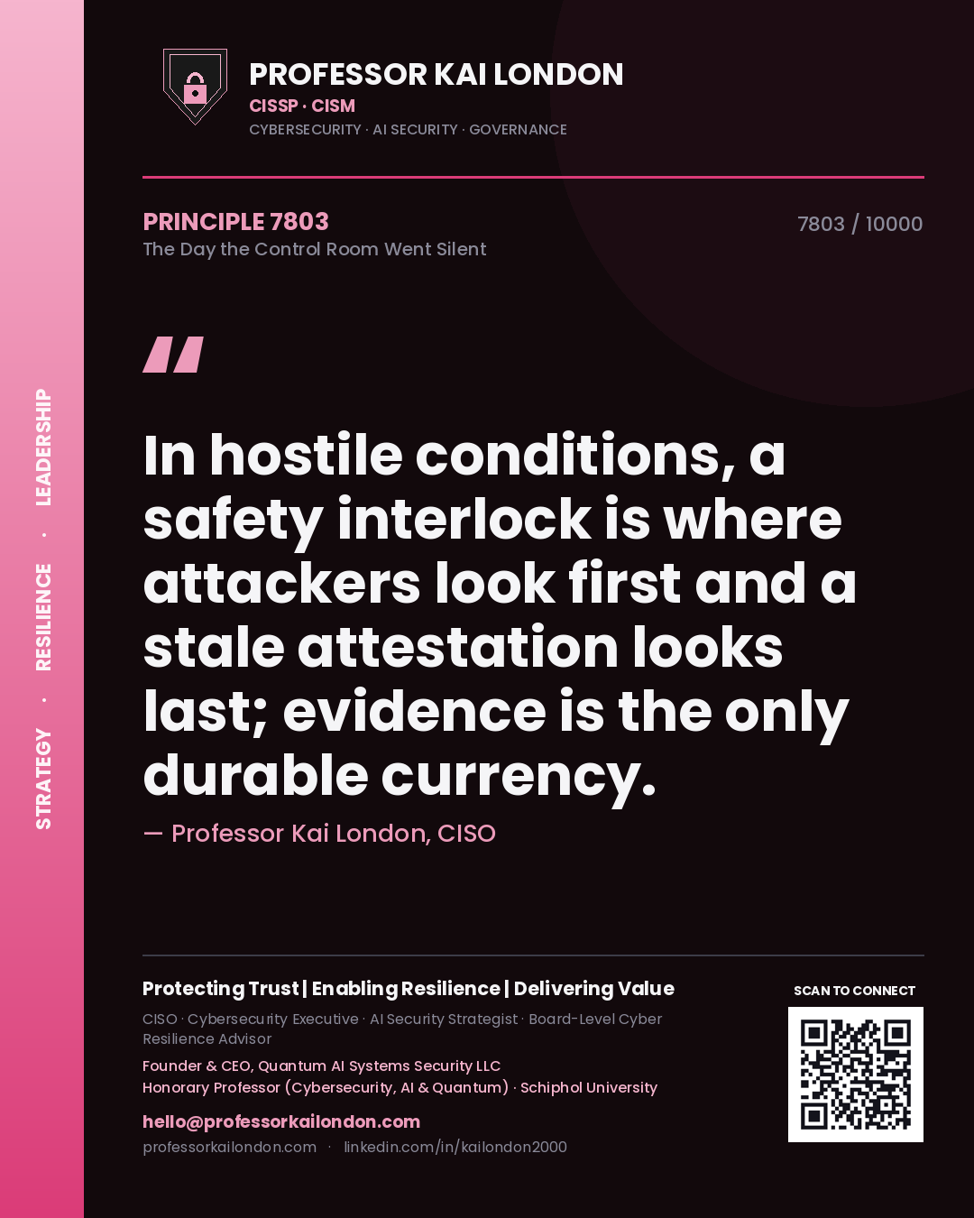 Professor Kai London principle 7803: In hostile conditions, a safety interlock is where attackers look first and a stale attestation looks last; evidence is the only durable currency.