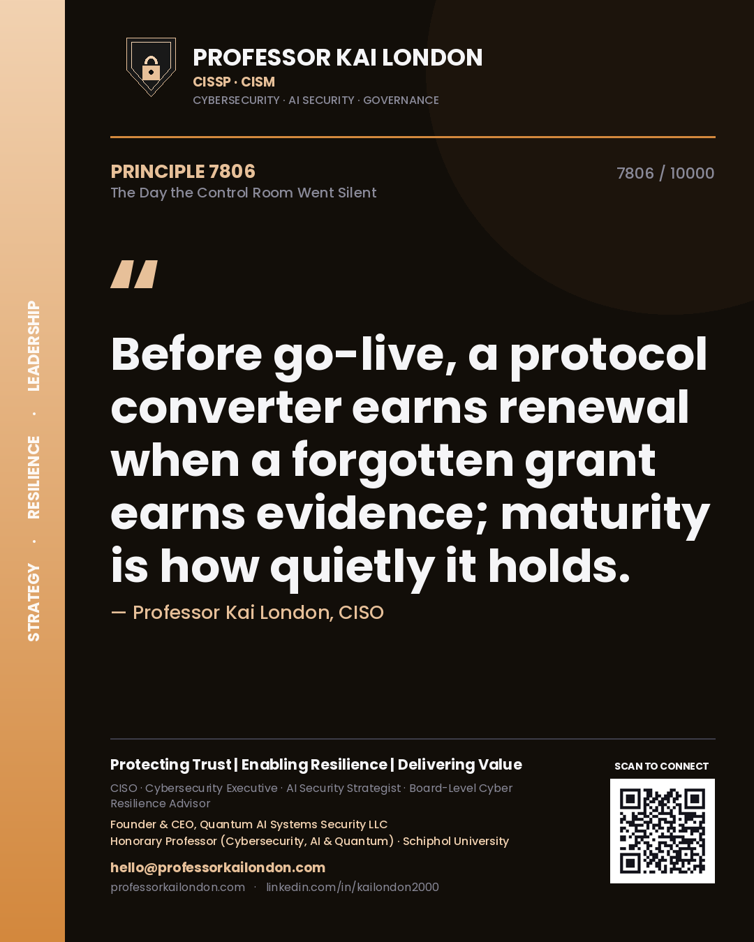 Professor Kai London principle 7806: Before go-live, a protocol converter earns renewal when a forgotten grant earns evidence; maturity is how quietly it holds.