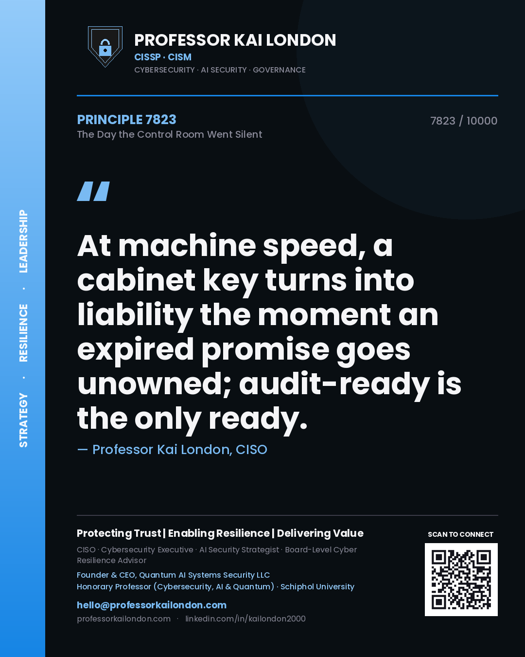 Professor Kai London principle 7823: At machine speed, a cabinet key turns into liability the moment an expired promise goes unowned; audit-ready is the only ready.