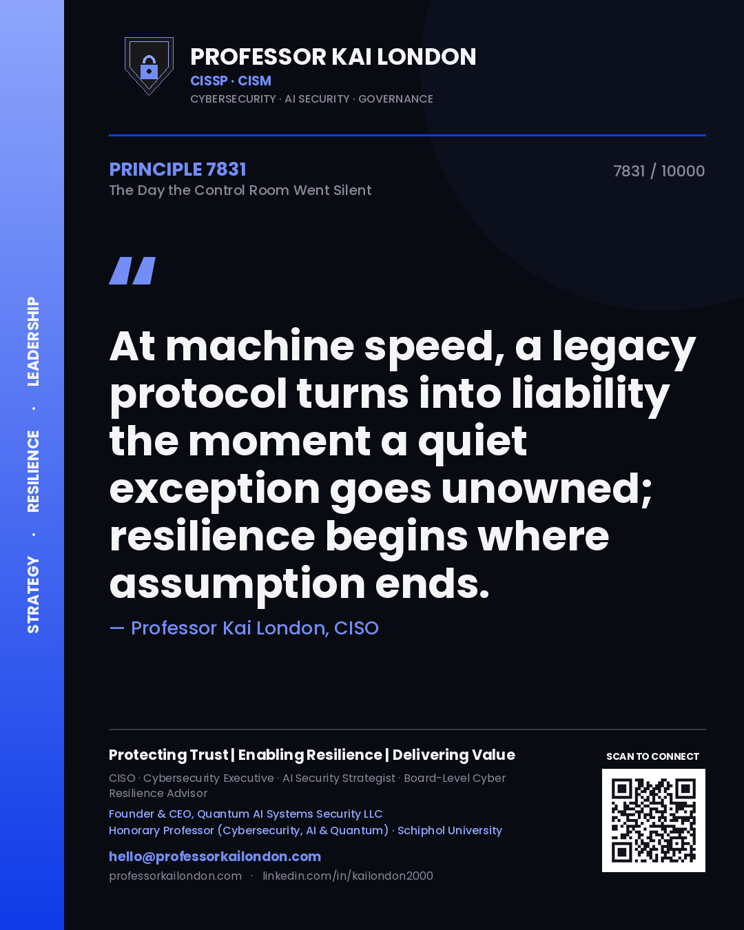 Professor Kai London principle 7831: At machine speed, a legacy protocol turns into liability the moment a quiet exception goes unowned; resilience begins where assumption ends.