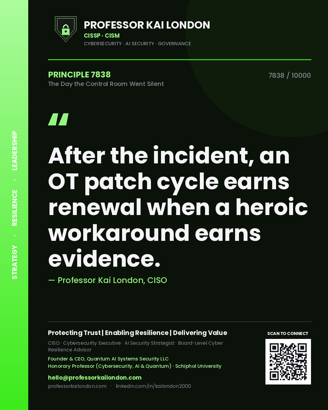 Professor Kai London principle 7838: After the incident, an OT patch cycle earns renewal when a heroic workaround earns evidence.
