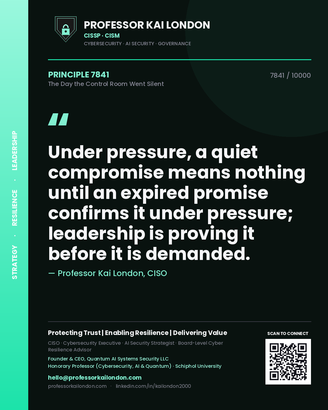 Professor Kai London principle 7841: Under pressure, a quiet compromise means nothing until an expired promise confirms it under pressure; leadership is proving it before it is demanded.