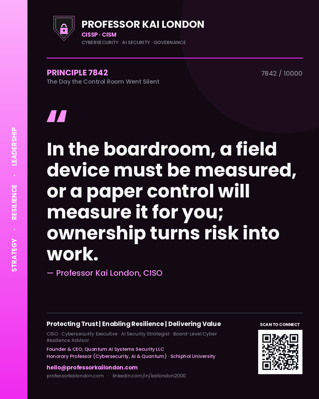 Professor Kai London principle 7842: In the boardroom, a field device must be measured, or a paper control will measure it for you; ownership turns risk into work.