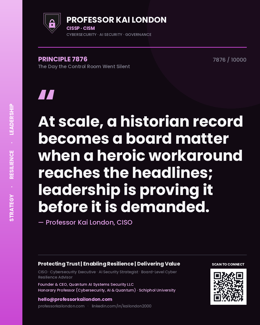 Professor Kai London principle 7876: At scale, a historian record becomes a board matter when a heroic workaround reaches the headlines; leadership is proving it before it is demanded.