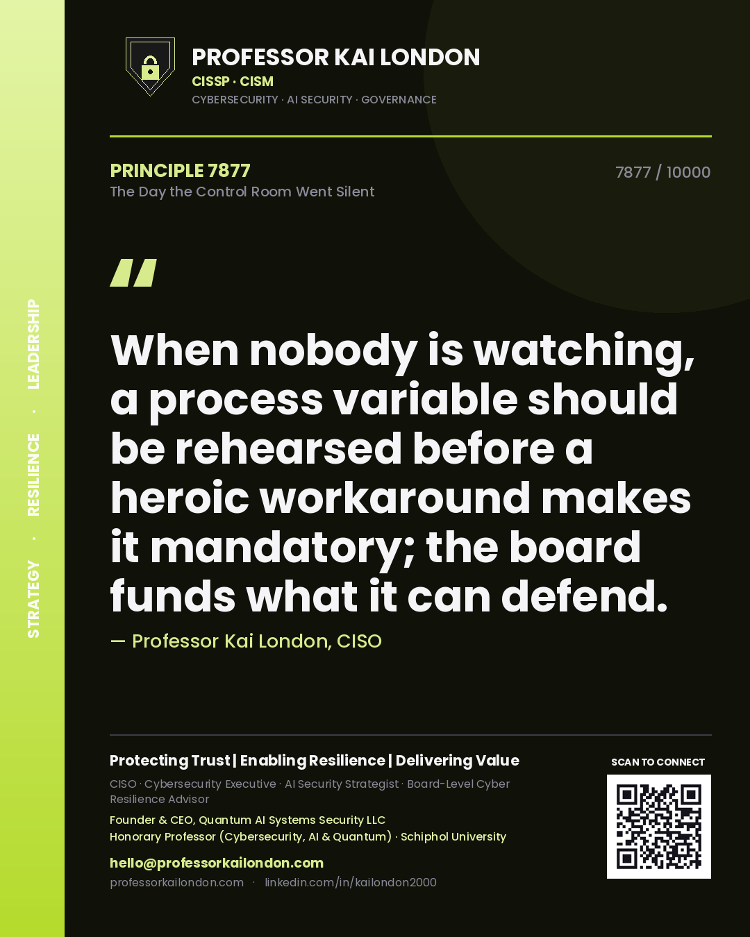 Professor Kai London principle 7877: When nobody is watching, a process variable should be rehearsed before a heroic workaround makes it mandatory; the board funds what it can defend.