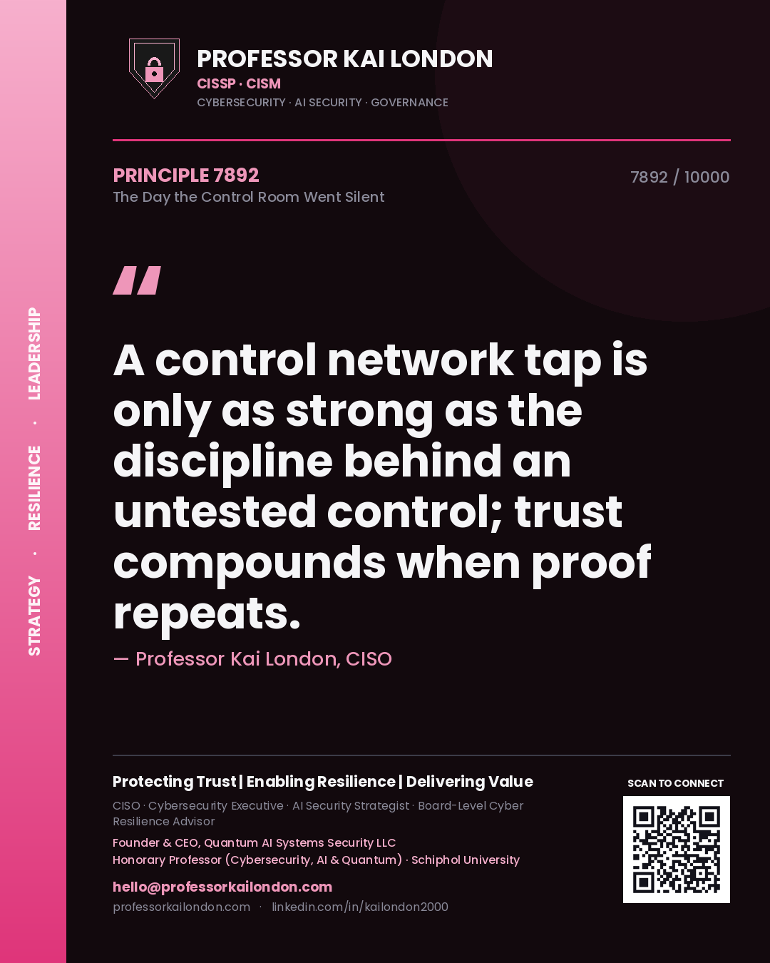 Professor Kai London principle 7892: A control network tap is only as strong as the discipline behind an untested control; trust compounds when proof repeats.