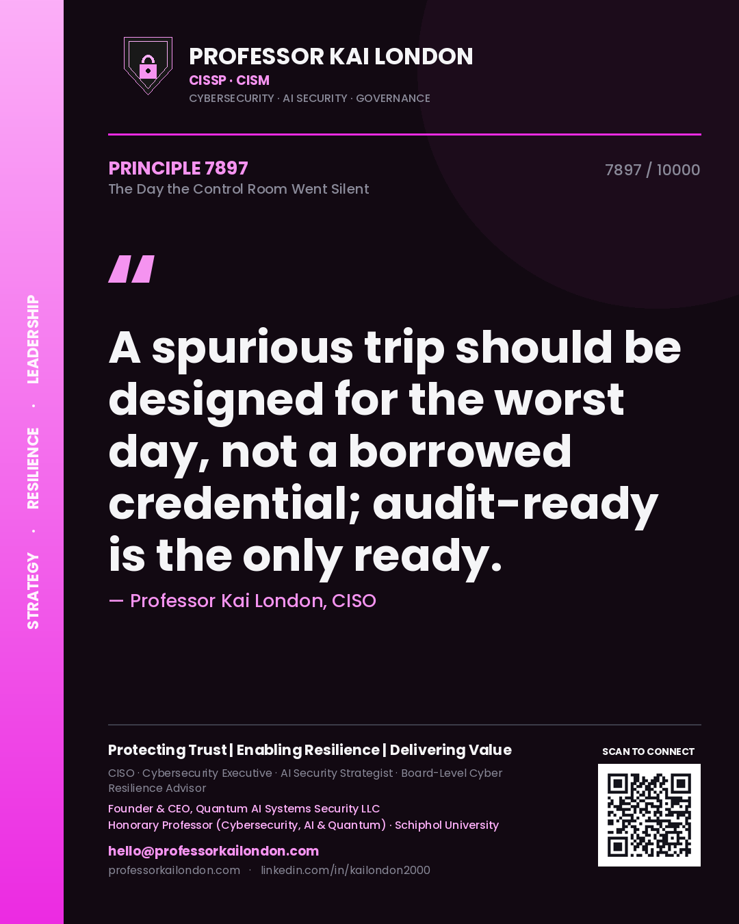 Professor Kai London principle 7897: A spurious trip should be designed for the worst day, not a borrowed credential; audit-ready is the only ready.