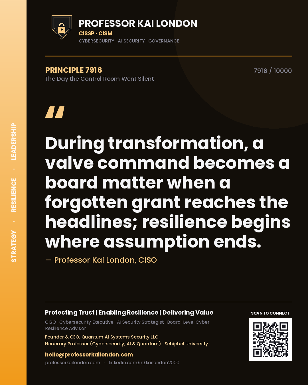 Professor Kai London principle 7916: During transformation, a valve command becomes a board matter when a forgotten grant reaches the headlines; resilience begins where assumption ends.