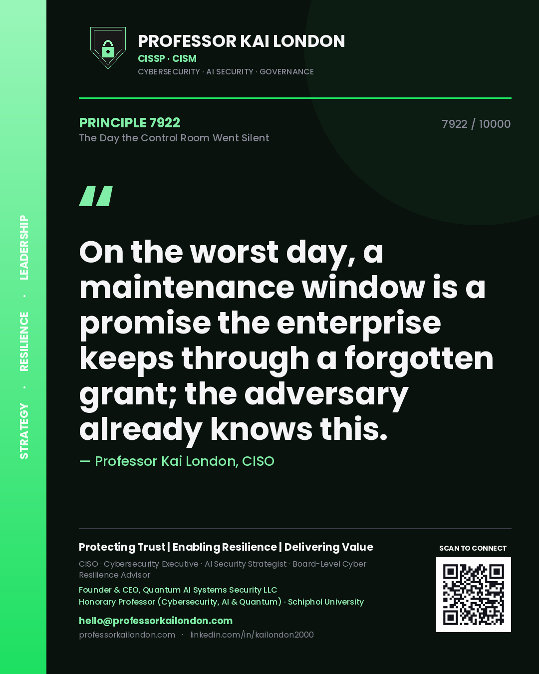 Professor Kai London principle 7922: On the worst day, a maintenance window is a promise the enterprise keeps through a forgotten grant; the adversary already knows this.