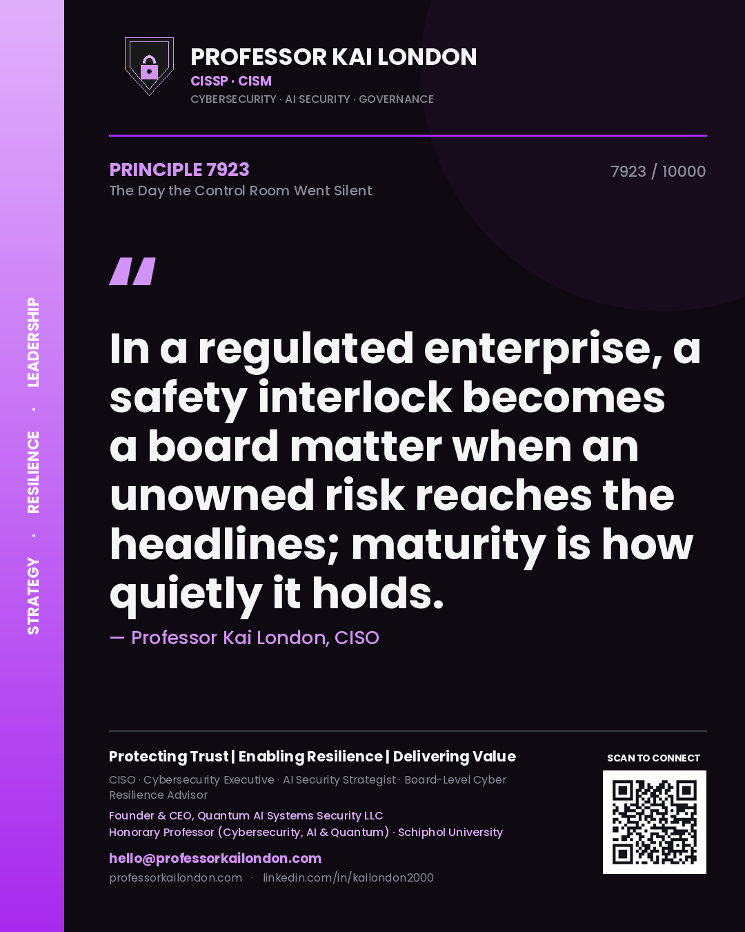 Professor Kai London principle 7923: In a regulated enterprise, a safety interlock becomes a board matter when an unowned risk reaches the headlines; maturity is how quietly it holds.