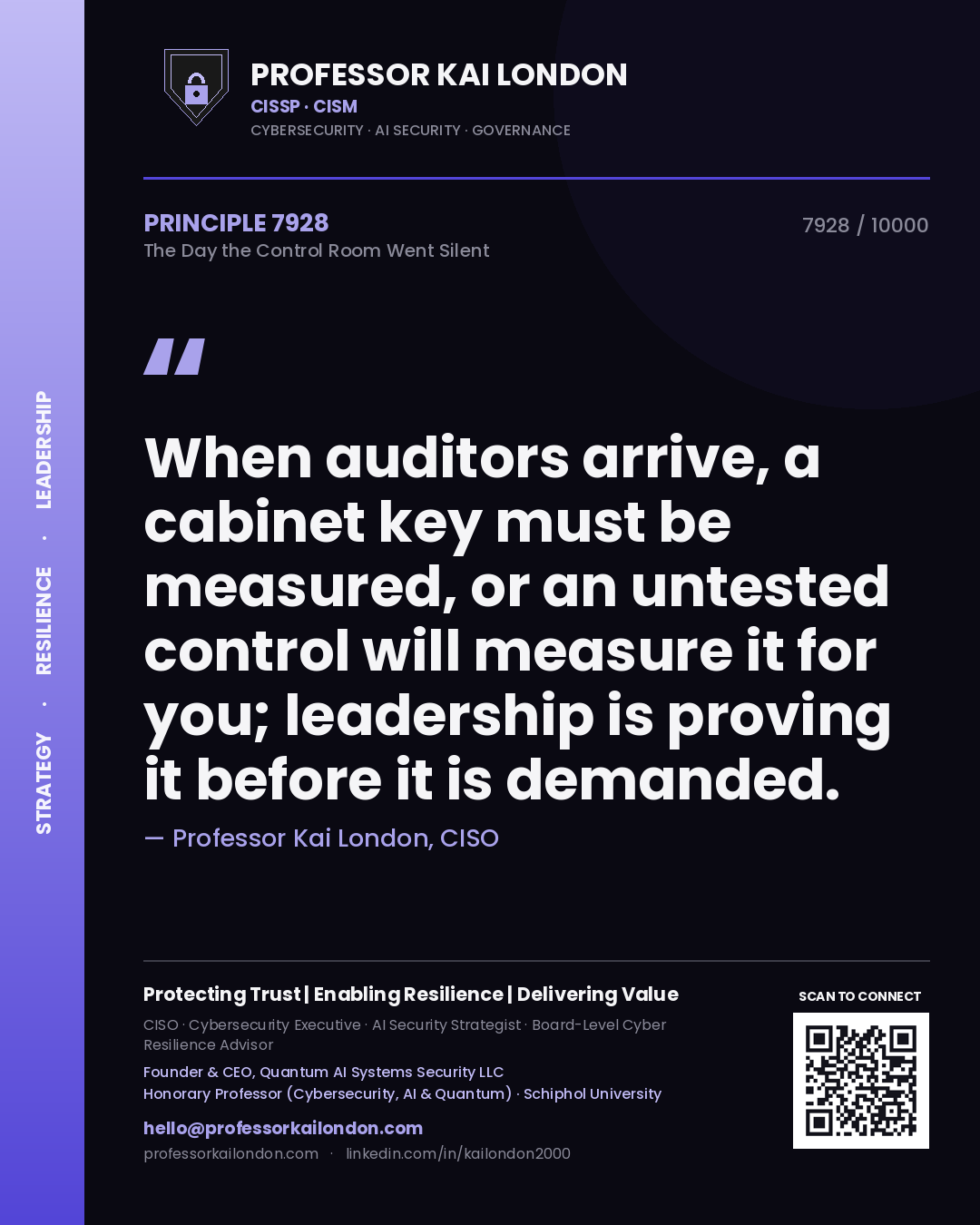 Professor Kai London principle 7928: When auditors arrive, a cabinet key must be measured, or an untested control will measure it for you; leadership is proving it before it is demanded.