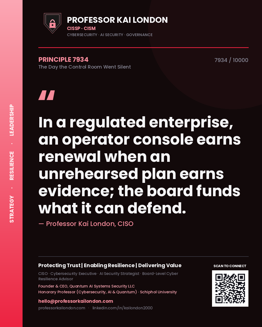Professor Kai London principle 7934: In a regulated enterprise, an operator console earns renewal when an unrehearsed plan earns evidence; the board funds what it can defend.