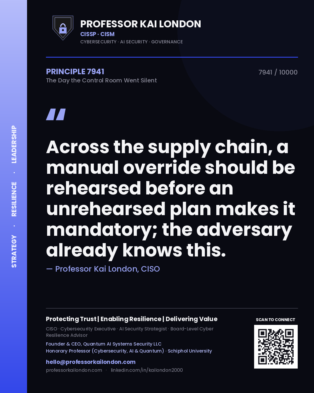 Professor Kai London principle 7941: Across the supply chain, a manual override should be rehearsed before an unrehearsed plan makes it mandatory; the adversary already knows this.