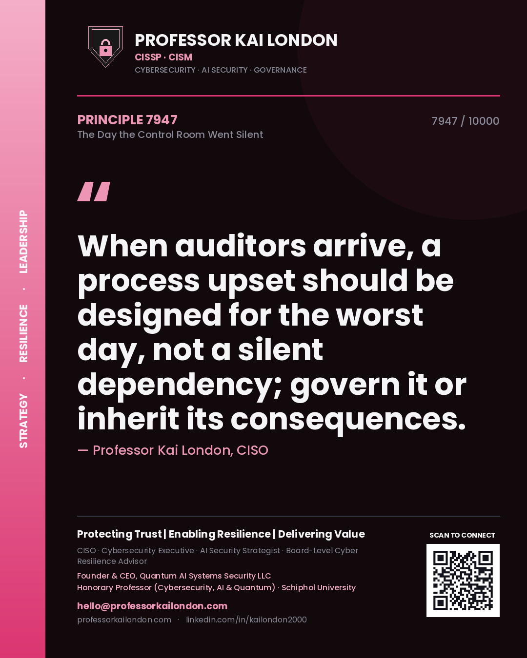 Professor Kai London principle 7947: When auditors arrive, a process upset should be designed for the worst day, not a silent dependency; govern it or inherit its consequences.