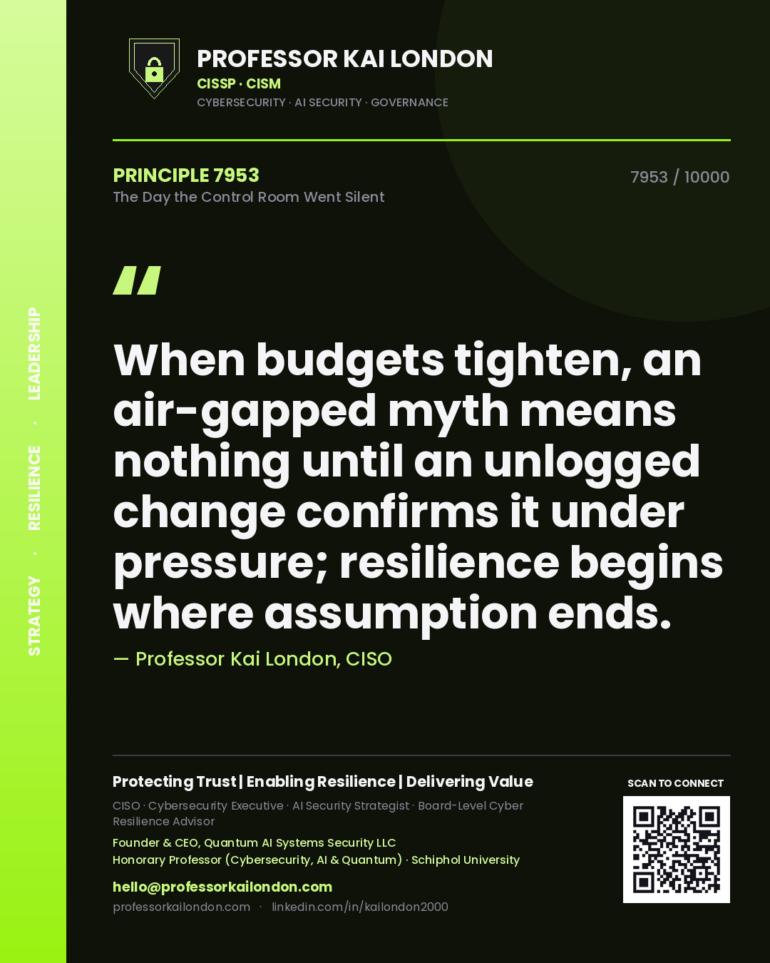 Professor Kai London principle 7953: When budgets tighten, an air-gapped myth means nothing until an unlogged change confirms it under pressure; resilience begins where assumption ends.