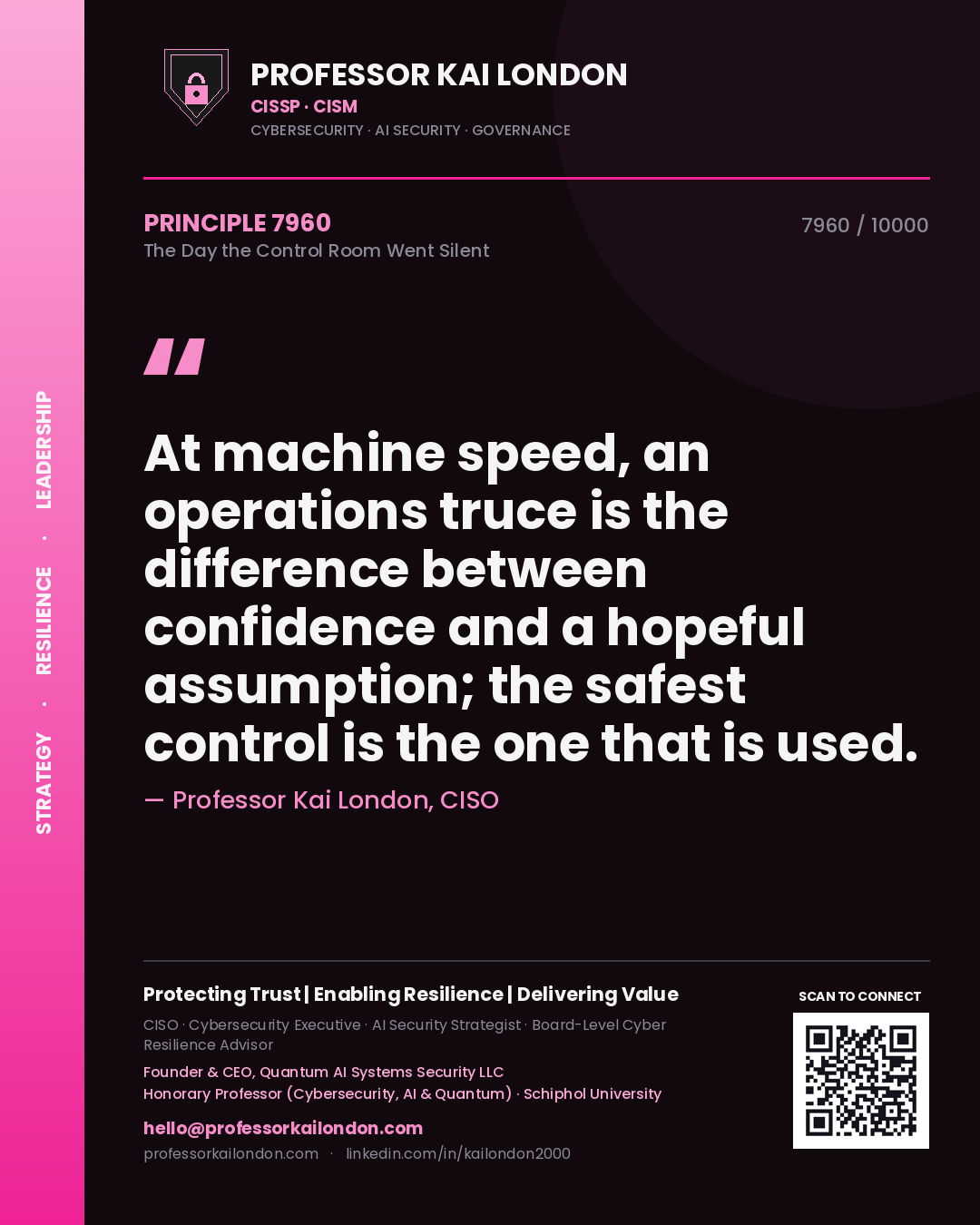 Professor Kai London principle 7960: At machine speed, an operations truce is the difference between confidence and a hopeful assumption; the safest control is the one that is used.