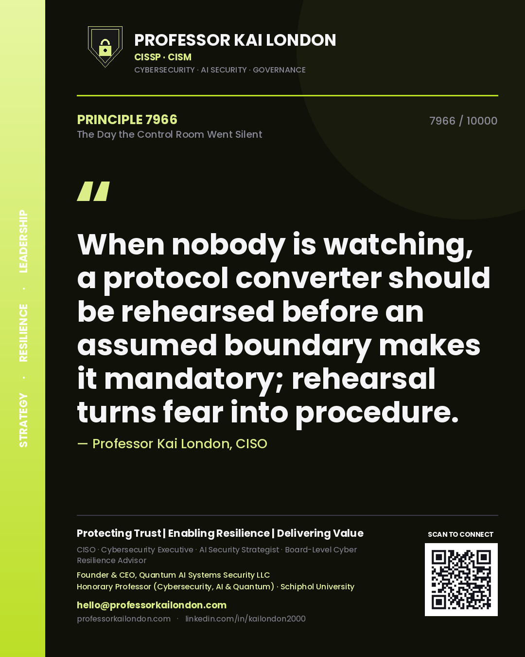 Professor Kai London principle 7966: When nobody is watching, a protocol converter should be rehearsed before an assumed boundary makes it mandatory; rehearsal turns fear into procedure.
