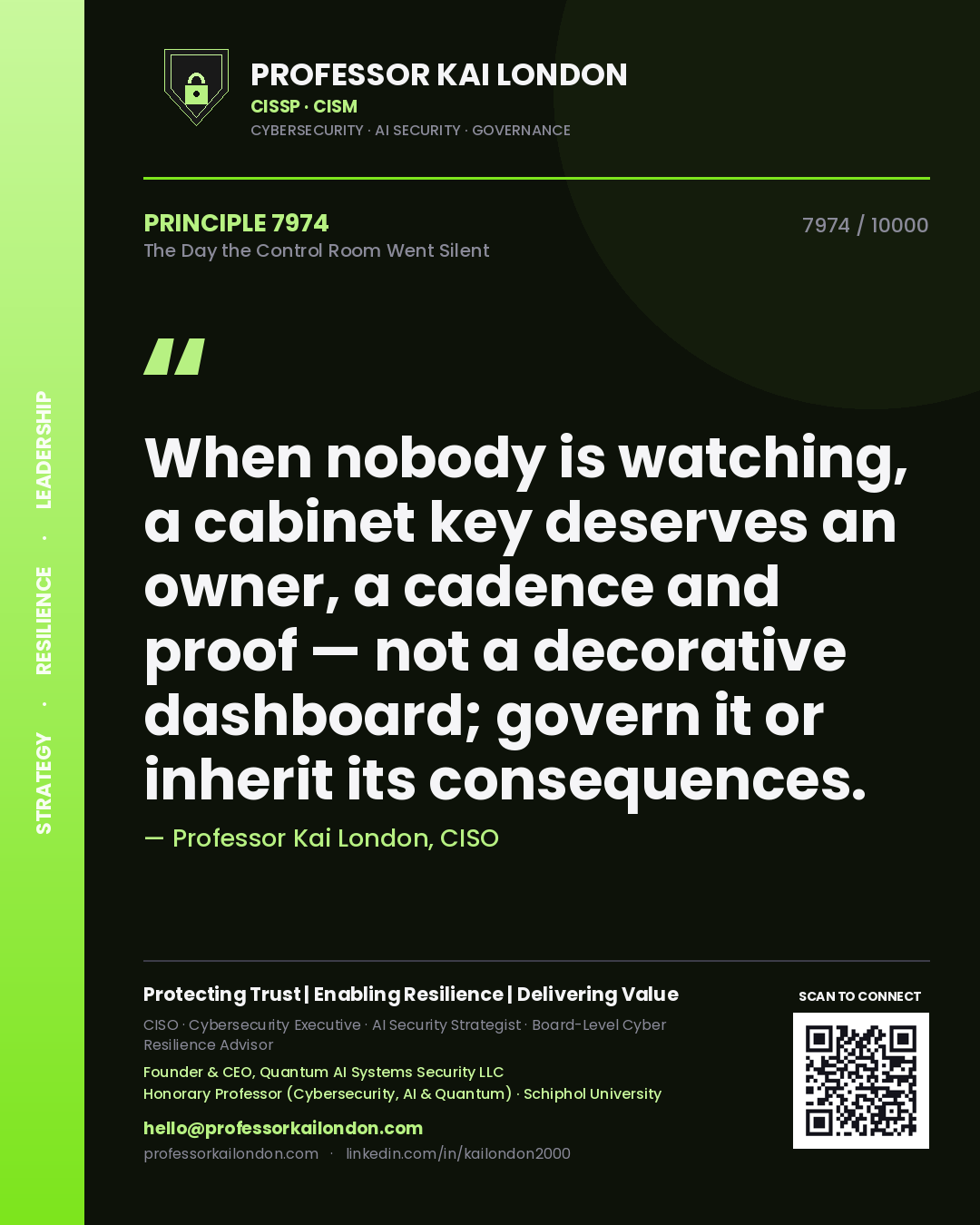 Professor Kai London principle 7974: When nobody is watching, a cabinet key deserves an owner, a cadence and proof — not a decorative dashboard; govern it or inherit its consequences.