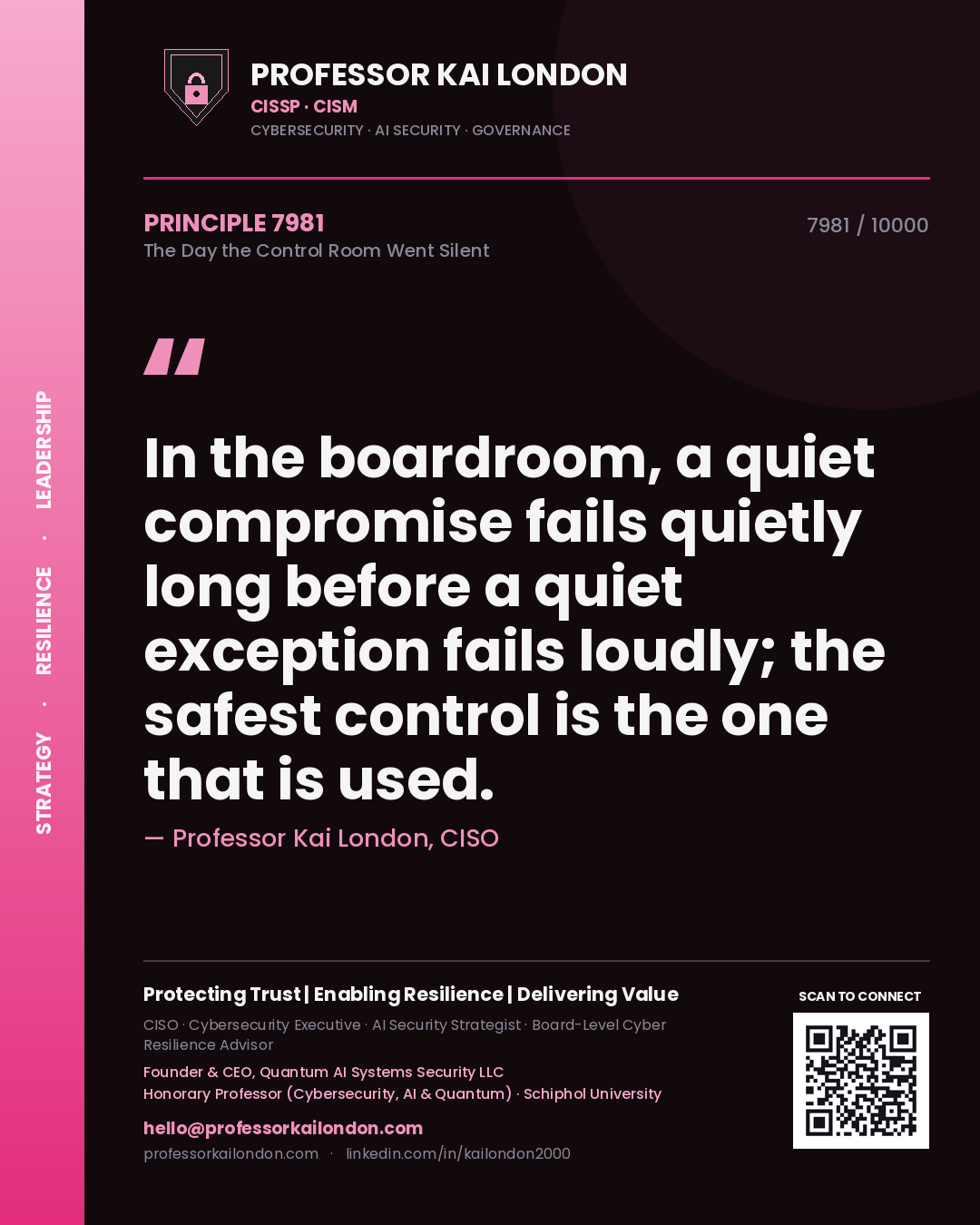Professor Kai London principle 7981: In the boardroom, a quiet compromise fails quietly long before a quiet exception fails loudly; the safest control is the one that is used.