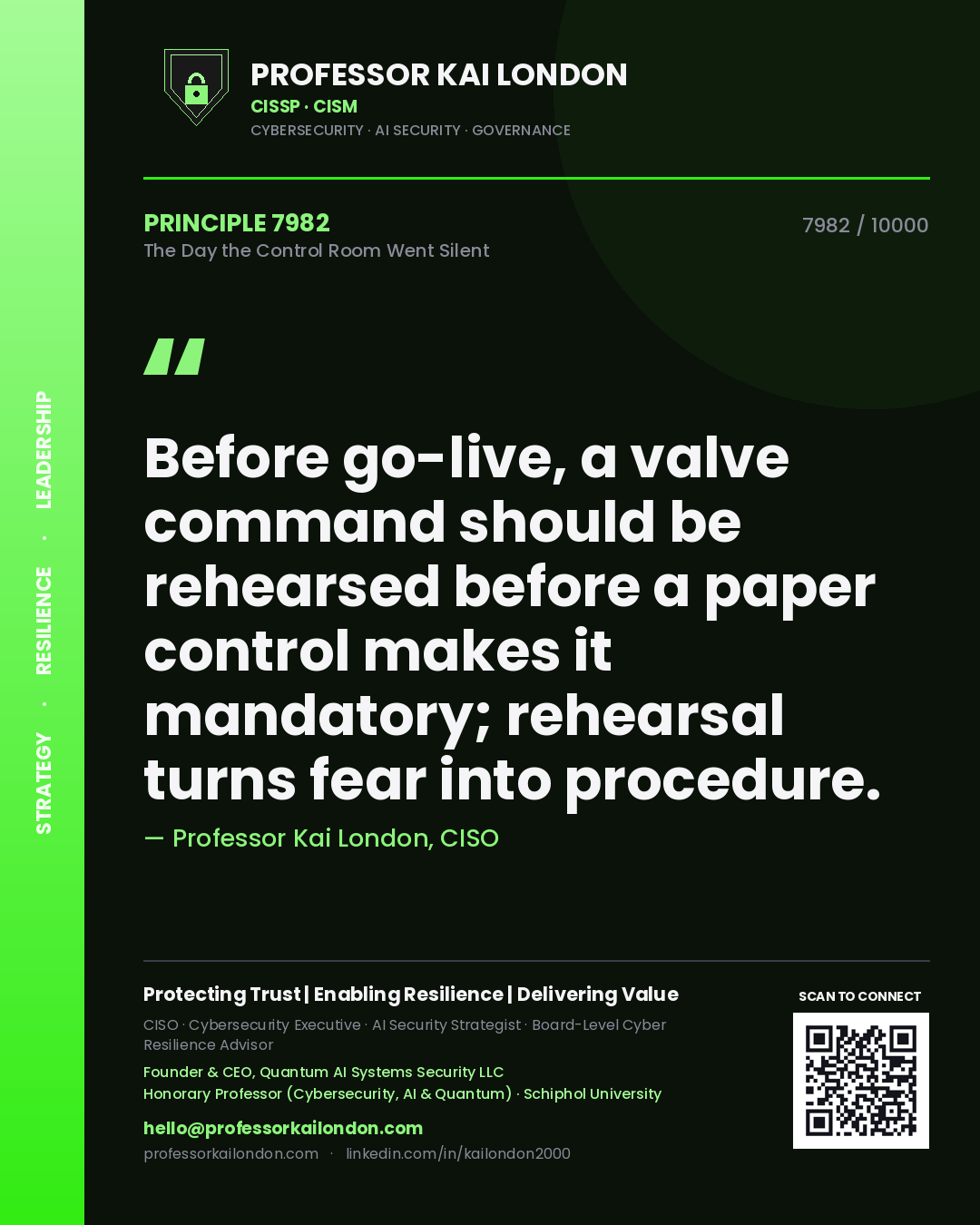 Professor Kai London principle 7982: Before go-live, a valve command should be rehearsed before a paper control makes it mandatory; rehearsal turns fear into procedure.