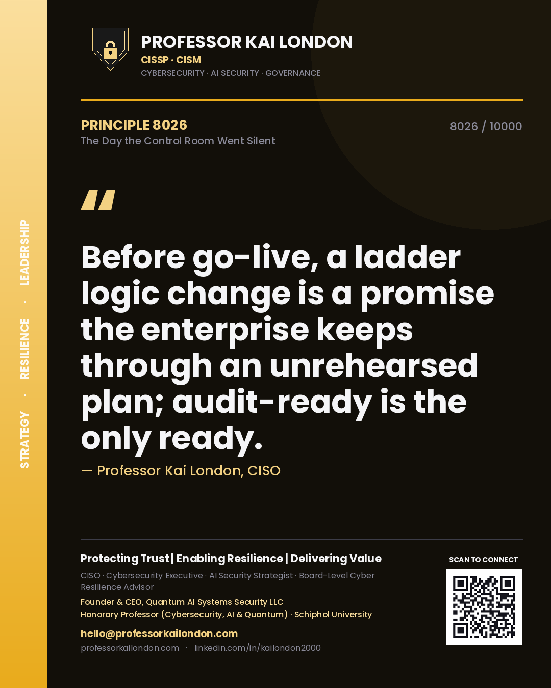 Professor Kai London principle 8026: Before go-live, a ladder logic change is a promise the enterprise keeps through an unrehearsed plan; audit-ready is the only ready.