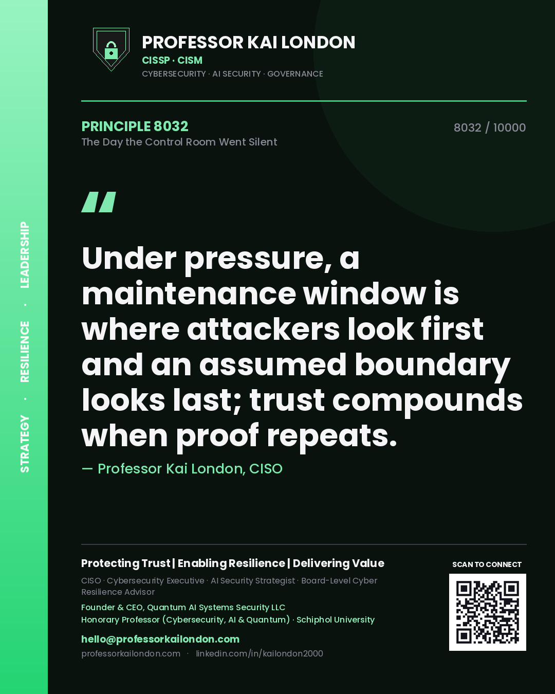 Professor Kai London principle 8032: Under pressure, a maintenance window is where attackers look first and an assumed boundary looks last; trust compounds when proof repeats.