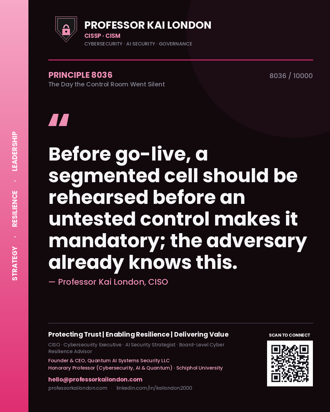 Professor Kai London principle 8036: Before go-live, a segmented cell should be rehearsed before an untested control makes it mandatory; the adversary already knows this.